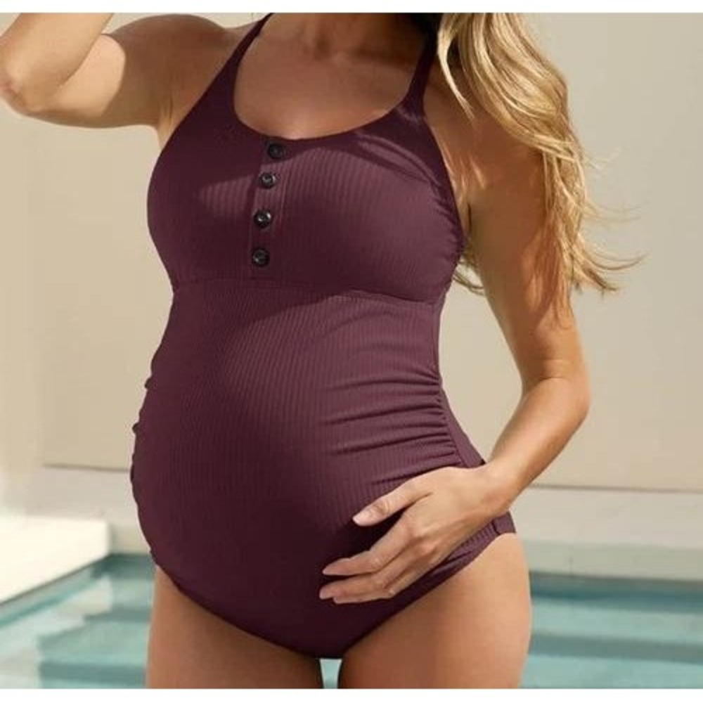 Summer Mae Burgundy Ribbed Henley One Piece Maternity Swimsuit Medium NWT